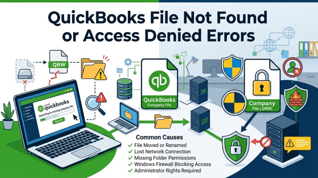 An infographic titled **"QuickBooks File Not Found or Access Denied Errors"** against a split white and light blue background. The graphic features a detailed illustration mapping network connections, file access issues, and security blockages between computers and servers.

The illustration includes:

* On the left, a large laptop displays a QuickBooks search bar reading "Searching to missing company file." Above it are broken paths, a warning folder, a red lightning bolt disconnecting a **.QBW** file, and a magnifying glass with a warning triangle.
* In the center, paths connect a smaller laptop to database server stacks and a green **QuickBooks Company File** document.
* On the right, a **Company File (.QBW)** document is locked with a padlock icon, surrounded by network security blockages, a firewall shield with flames, a blocked user icon, and a server stack showing a warning message and a "no entry" sign.

At the bottom center, a section titled **"Common Causes"** includes a checklist of the following points:

* File Moved or Renamed
* Lost Network Connection
* Missing Folder Permissions
* Windows Firewall Blocking Access
* Administrator Rights Required