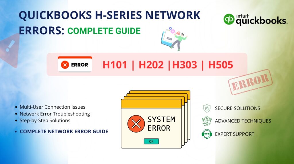 An infographic titled "QUICKBOOKS H-SERIES NETWORK ERRORS: COMPLETE GUIDE" features the Intuit QuickBooks logo in the top right corner.

A central highlight banner lists specific error codes: H101, H202, H303, and H505.

In the middle, an illustration depicts a stack of system error windows with an X mark and an OK button.

The bottom left lists key topics covered:

* Multi-User Connection Issues
* Network Error Troubleshooting
* Step-by-Step Solutions
* COMPLETE NETWORK ERROR GUIDE

The bottom right lists service highlights with icons:

* SECURE SOLUTIONS
* ADVANCED TECHNIQUES
* EXPERT SUPPORT