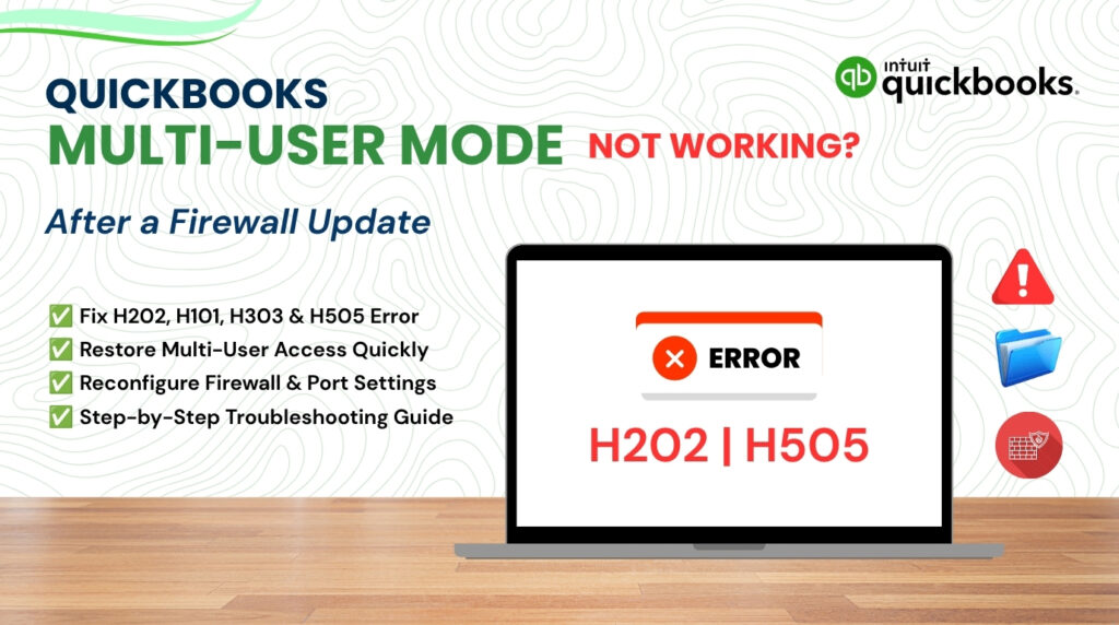 An educational graphic titled "QUICKBOOKS MULTI-USER MODE NOT WORKING? After a Firewall Update". The image features the Intuit QuickBooks logo in the top right corner and a laptop screen in the center displaying a prominent error message that reads "ERROR H202 | H505". On the left side, there is a checklist detailing solutions, including "Fix H202, H101, H303 & H505 Error," "Restore Multi-User Access Quickly," "Reconfigure Firewall & Port Settings," and "Step-by-Step Troubleshooting Guide." Icons representing a warning triangle, a blue folder, and a firewall are stacked vertically on the right. The entire scene is set against a subtle wavy-lined background with a wooden floor texture at the bottom.