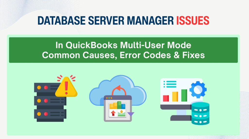 An infographic titled "DATABASE SERVER MANAGER ISSUES" with the word "ISSUES" highlighted in red, displayed on a light gray background with faint dot-matrix wave patterns in the corners. Below the title, a large green horizontal banner contains the text "In QuickBooks Multi-User Mode Common Causes, Error Codes & Fixes".

The lower portion features a light green background showcasing three stylized technical icons arranged side-by-side:

* Left icon: Three stacked server racks positioned next to a large yellow warning triangle with a red exclamation mark.
* Middle icon: A cloud computing illustration over a browser window featuring colorful charts, an upward arrow, and a red circular synchronization arrow.
* Right icon: A computer monitor showing a dashboard interface with colorful bar charts, next to a large blue gear and two database cylinders.