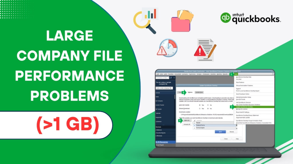 An infographic on a split green and white background featuring the Intuit QuickBooks logo in the top right.

On the left, a prominent green semi-circle contains the text "LARGE COMPANY FILE PERFORMANCE PROBLEMS" in white, with "(>1 GB)" highlighted in red inside a white pill shape below it.

On the right, a laptop displays a QuickBooks software window showing the "Update QuickBooks Desktop" options screen.

Floating above the laptop are four illustrative icons: a magnifying glass analyzing data bar charts, a pink file folder with documents, a clock with a red warning exclamation mark, and a document with a red warning icon and pencil.