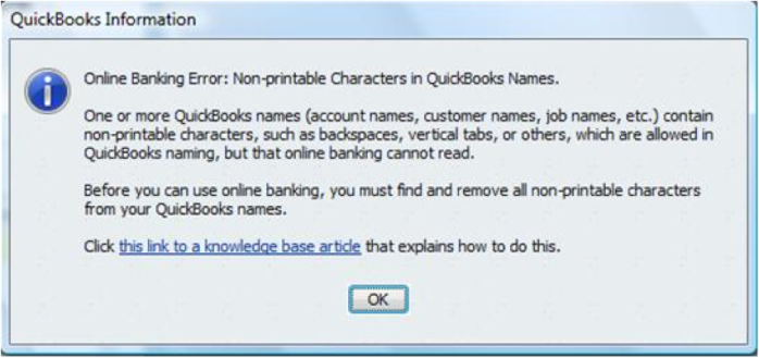 QuickBooks online banking error message